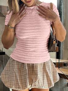 VIVINA Women's Solid Color Minimalist Round Neck Zip-Up Fitted Short Sleeve T-Shirt, Summer - Pink - View 4