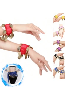 2pcs Loud & Vibrant Belly Dance Coin Wrist Bracelets, Dance Costume Accessories, Belly Dance Jewelry Bracelets, Dance Competition Pendant Bracelets, Folk Dance Performance Bracelets, Jewelry Bracelets - Suitable For Performances And Festivals - Multicolor - View 1