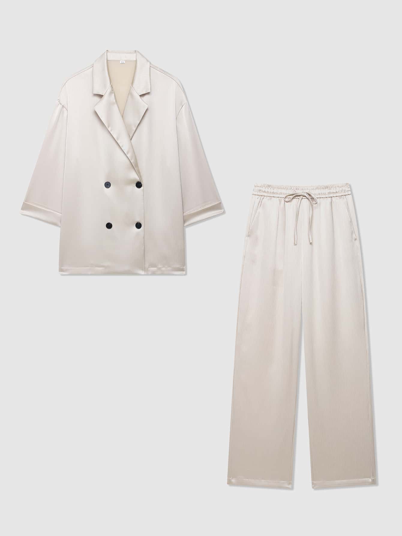 纹理宽松纯色双排扣西装外套和裤子正式西装套装 - 米色 - 查看 1