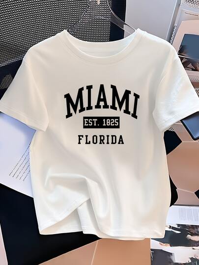 新しい MIAMI,EST,FLORIDA レディースTシャツは着心地がいいプリントがかわいい旅行家用洗濯機上着