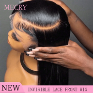 MECRY Peluca de encaje frontal de cabello humano de 200 densidad HD de 10-36 pulgadas, 13x4, 5*5, 4*4, cabello liso de hueso, sin pegamento, con cabello frontal pre cortado, usar y listo, peluca de encaje frontal ombre con cabello frontal humano pre arrancado con cabello de bebé, nudos blanqueados, cabello frontal humano virgen, línea de cabello natural, fácil de usar sin pegamento para mujeres, cabello mezclado, cabello pixie