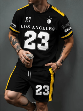 2 قطعة/مجموعة رجالي طقم تي شيرت بنصف كم مطبوع عليه الرقم 23 وشورت، موضة الصيف