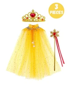 3 Peças Conjunto de Fantasia de Princesa, Varinha Mágica e Capa, Adequado para Meninas Pequenas se Fantasiarem, Jogos de Fantasia, Acessórios para Festas de Interpretação de Papéis em Feriados, É uma Escolha Ideal para Dar de Presente a Meninas