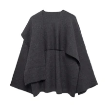 DEEKA Autumn/Winter New Women's Clothing - Slouchy Scarf Poncho Style Round Neck Long Sleeve Short Knitted Cardigan Jacket - Dark Grey - View 3