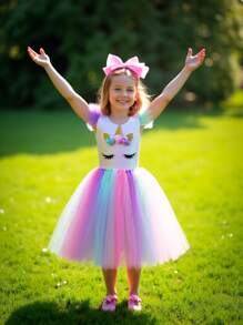 Conjunto de vestido de tul colorido con diseño de unicornio y diadema de unicornio para niña