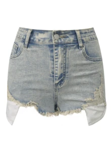 女式街头风格水洗磨边弹力牛仔短裤，春夏 - 淺色水洗藍 - 查看 4