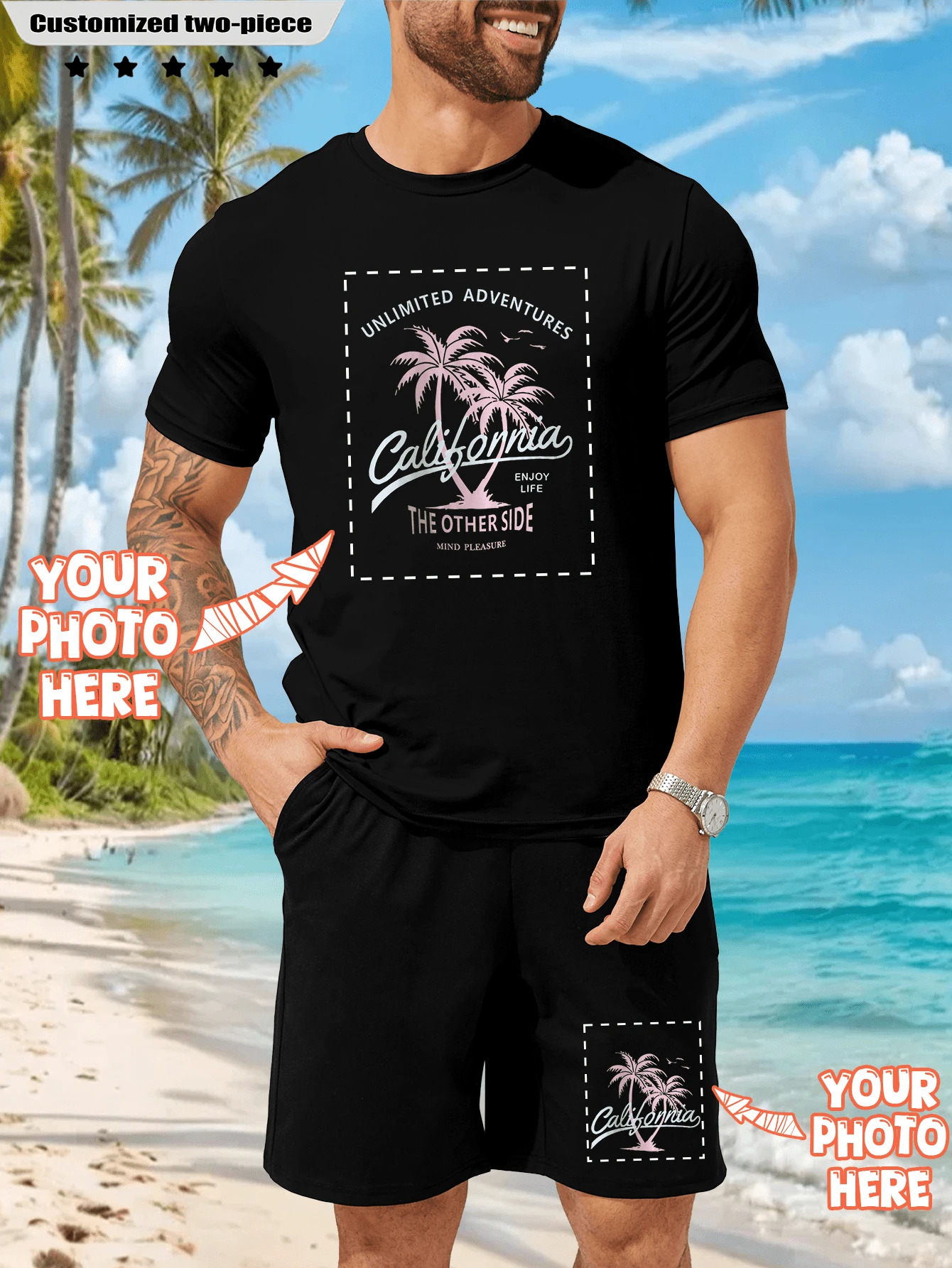 Customized Men's 2 Pieces Set, T-Shirt & Shorts, Casual, Loose-Fit. Input Your Text (Name, Slogan, Fun Text, Blessing), Upload Your Own Photo/Logo (E.G. Partner, Pet, Group Photo), Perfect For Company Uniforms, Party Outfits, Gifts For Boyfriend, Family, Friends, Birthdays, Holidays, Anniversaries, Personalized Photo Gifts. - Black - View 1