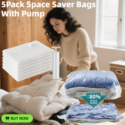 5 Packs Space Saver Vacuum Storage Bags With Pump Multiple Sizes Big Moving Bags Extra Large Vacuum Sealed Bags For Comforters, Bedding, Blanket Organizer, Space Saver Bags For Clothes Clothing Travel Moving Must Have