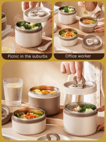 双层圆形大容量午餐盒 – 便携式不锈钢隔热便当盒带盖，防漏保温食品容器，材质，易于清洁，多层保温，学校返校儿童午餐盒，办公室工作人员通勤餐盒，家庭宿舍日常食品罐，户外旅行露营野餐徒步探险午餐容器带手柄和勺子 - 米色 - 查看 3