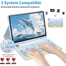 四合一键盘保护套，兼容三星 Galaxy Tab 和 iPad、Redm iPad SE，包含可拆卸无线蓝牙键盘（150mAh）和鼠标，平板电脑保护套带笔槽（夏日沙滩） - 天藍色 - 查看 2