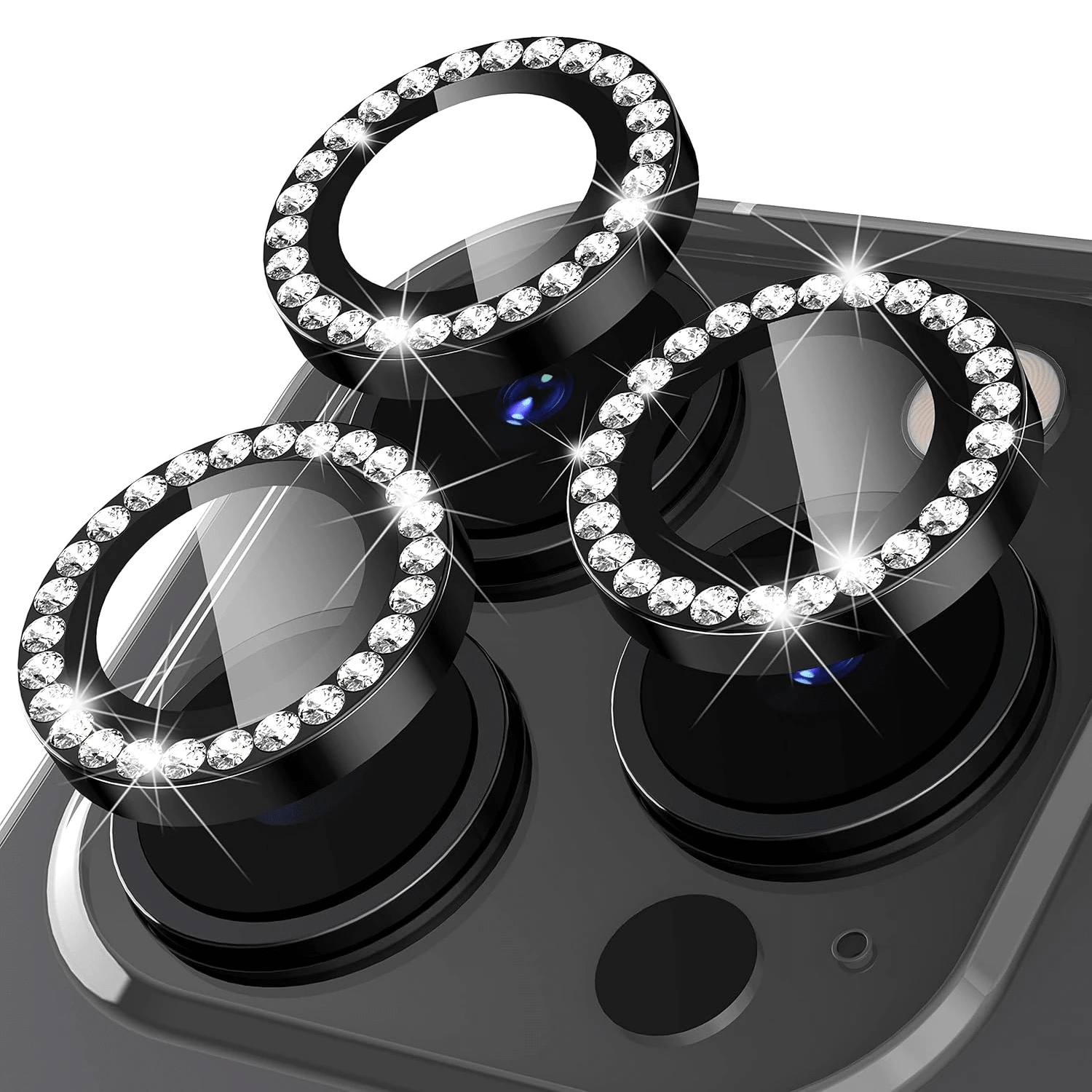 1 Set For IPhone 11 12 13 14 15 16 Pro Max Bling Camera Lens Cover Protector, Bling Diamond & Bling Glitter Metal Ring 9H Tempered HD Glass Camera Cover Protector Film
