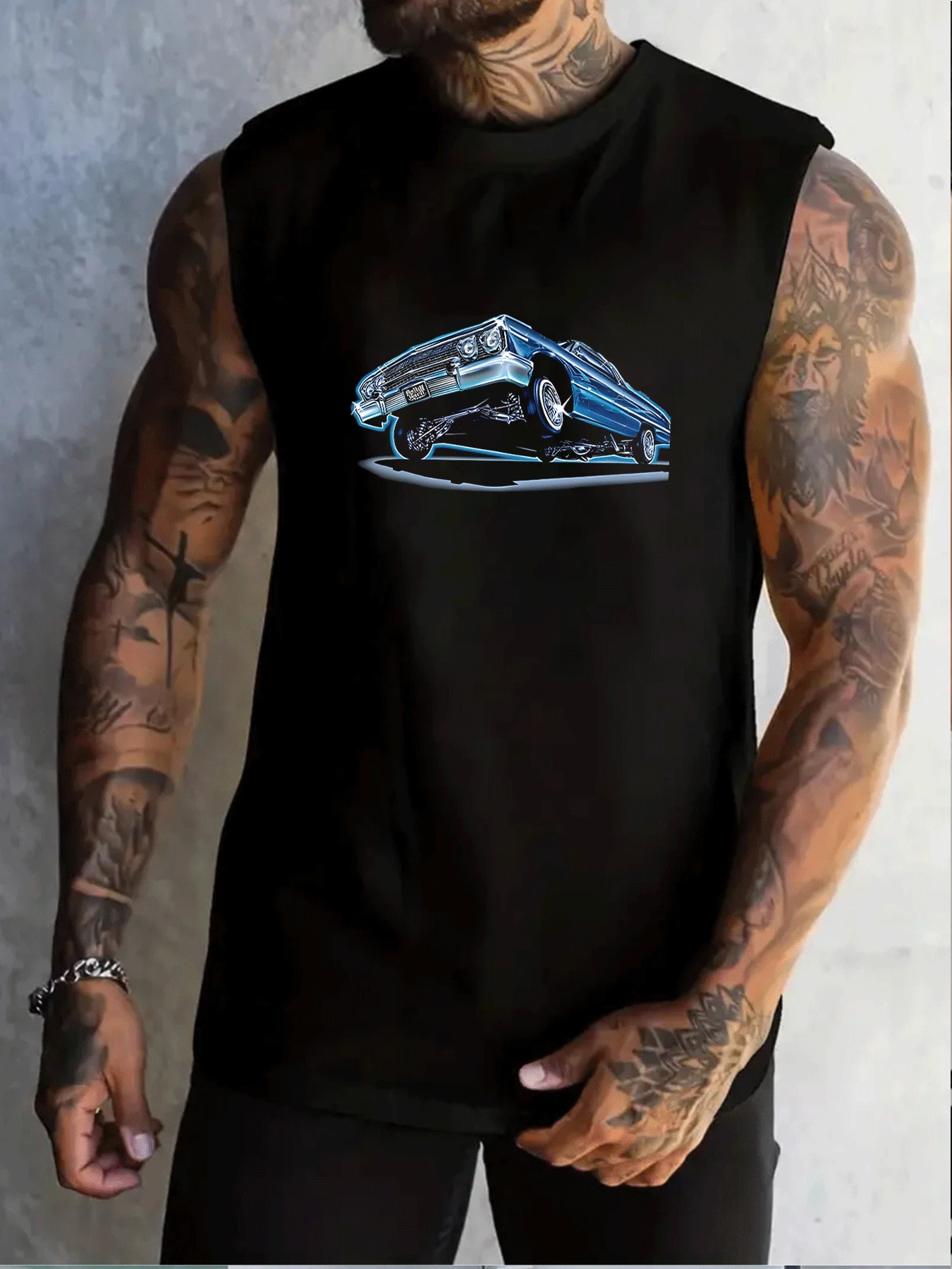 Men's Graphic Summer Lowrider Classic Car Print Tank Top Sleeveless Vest Muscle Shirt For Gym Workout And Beach Wear - Black - View 1