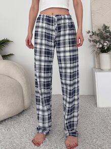 OYGA Women's Plaid Pajama Pants – Navy Blue & White Loungewear - White - View 1