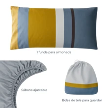 Single Fitted Sheet, Fitted Bottom Sheet And 1 Cotton-Feel Microfiber Pillowcase + Fabric Storage Bag - 藍色和黃色 - 查看 2