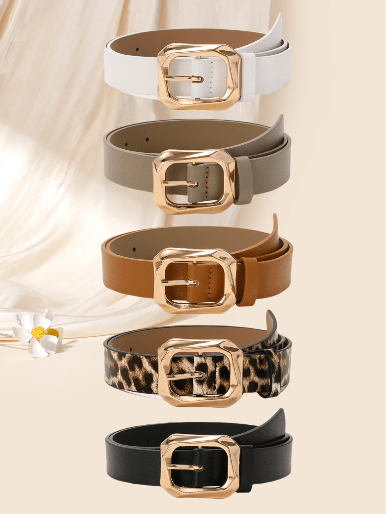 5条装方形扣复古真皮腰带，百搭连衣裙、T恤、休闲裤，时尚优雅女士腰带 - 多色1 - 查看 1