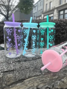 17oz Przezroczysta Butelka Na Wodę PC Ze Słomką, Nadaje Się Do Podróży Na Zewnątrz, Filiżanka Do Kawy, Uroczy Wzór Kokardy, Prezent Dla Niej, Urodziny