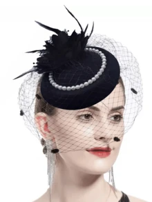 1 Set, Women's Mini Hat With Lace Gloves, Party Mini Hat, British Style Hat - A - View 2