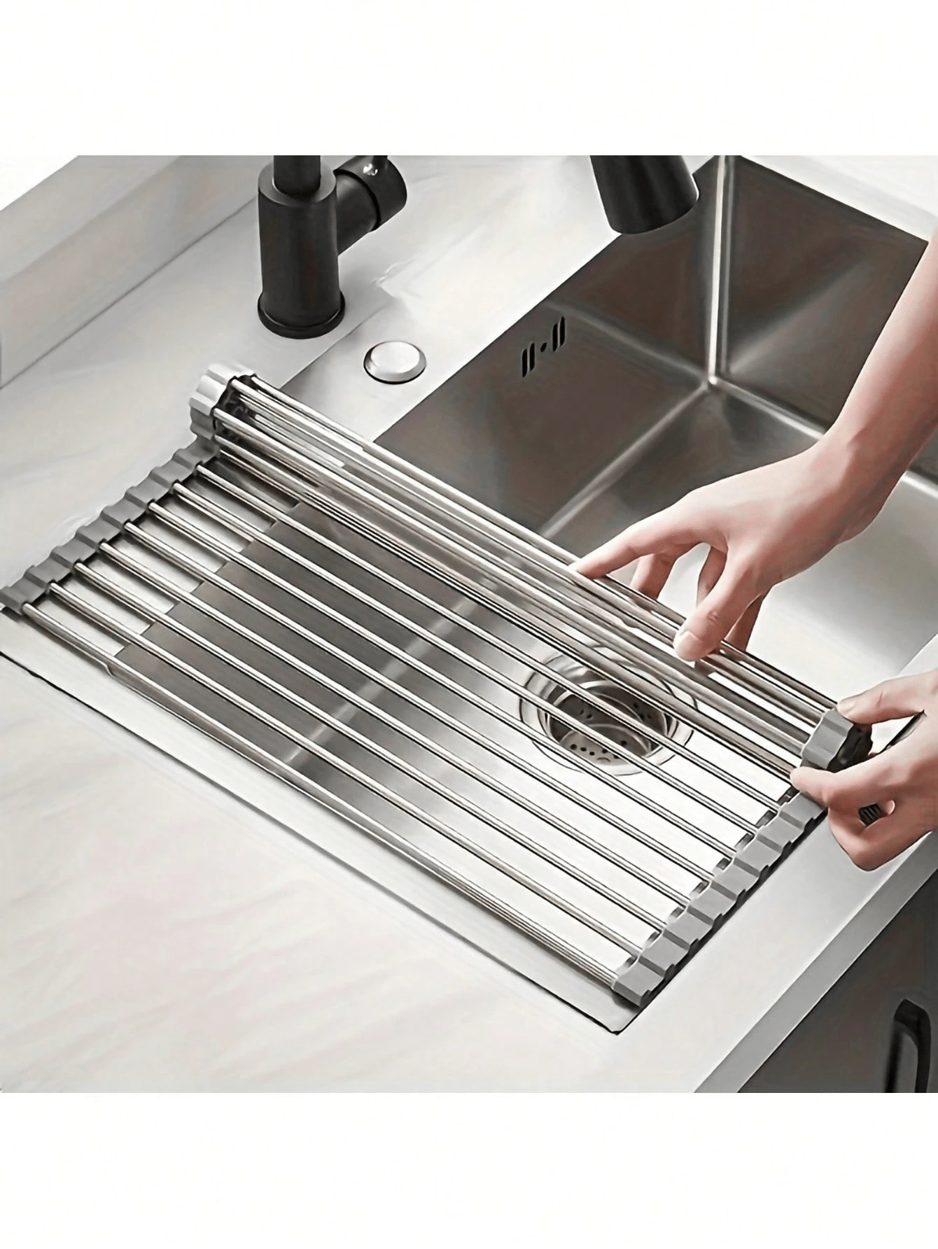 1 pieza, Escurridor de platos enrollable, Rejilla multifuncional de acero inoxidable para sobre el fregadero, Rejilla portátil de acero inoxidable con ruedas, Alfombrilla escurreplatos, Utensilios de cocina
