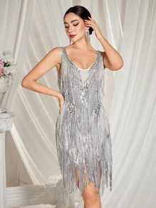 Deep V Sequins Bodycon Halter Neck Evening Dress