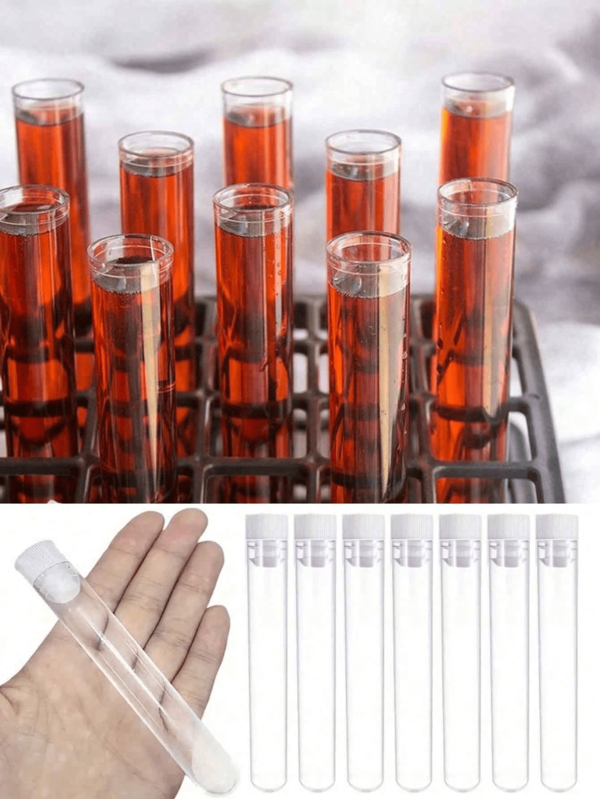 10/20/50pcs Halloween Party Transparent Plastic Test Tubes With Caps, Red Liquid Prop Containers, Durable For Vampire Party, Science Experiment, Party Decor, Candy Storage, Cosplay
