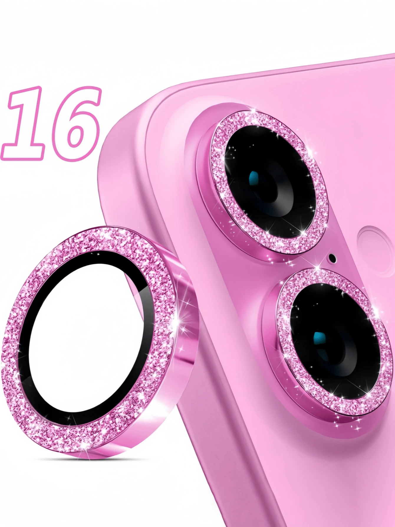 全新推荐 11/11 Pro/12/Mini/13/14 Plus/15/16 Pro/16e/17/17 Pro/17 Pro Max/17 Air相机镜头保护膜，时尚粉色闪亮钻石镜头环，相机保护膜，1秒快速安装