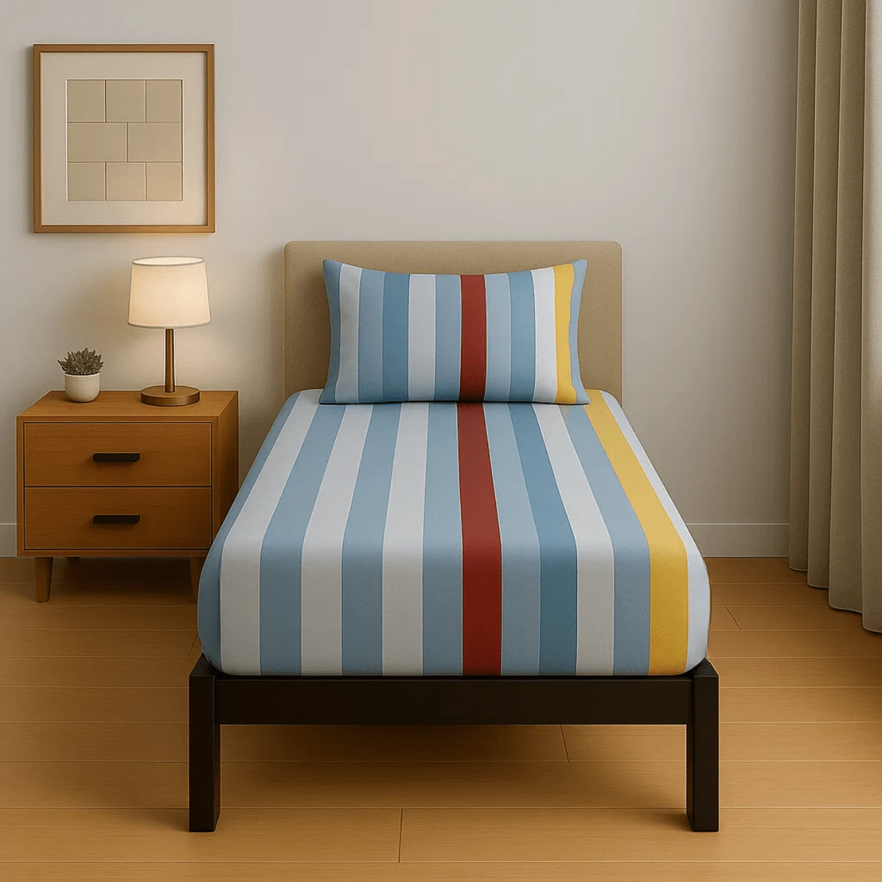 Single Fitted Sheet, Fitted Bottom Sheet And 1 Cotton-Feel Microfiber Pillowcase + Fabric Storage Bag - Blue and Yellow - View 1