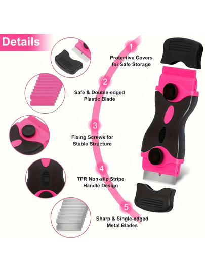 Adhesive Scraper, Glass Scraper, 1pc Pink Double End Scraper + 10pcs Metal Blades + 10pcs Plastic Blades, Scraper Tool With 20pcs Shaving Blades For Windows, Cleaning, Stickers, Stain Film, Labels, Silicone, Glass Stove, Pink Lady Gift.Portable Multifunction Cleaning Scraper,Kitchen,Bathroom,Home,Household Suppliers.