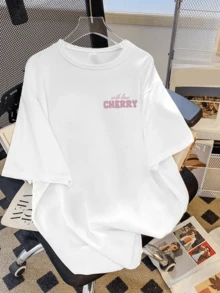 1件青少年女孩宽松休闲樱桃印花圆领短袖T恤，夏季学生款 - 专为追求个性的樱桃爱好者打造的独特T恤，返校季必备