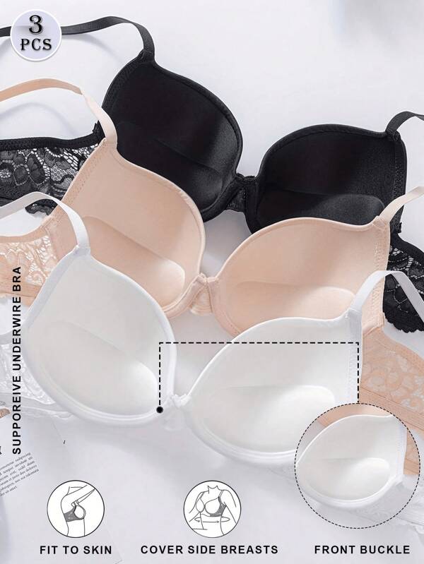3PCS Women's ComfortableUnderwear Collection -Luxurious Push Up Brawith Delicate Lace Details, High Support, AndSoft Breathable Fabric For Ultimate Comfort