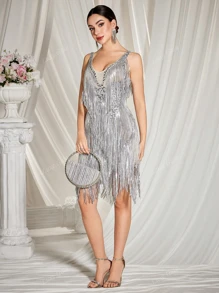 Deep V Sequins Bodycon Halter Neck Evening Dress