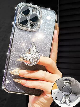 奢华电镀银色手机壳，带创意蝴蝶支架，水钻闪光 Y2k 风格，防摔，防掉落，夏季新款时尚硅胶防震保护软壳，兼容 16 16e 15 14 13 12 11 X XS XR 8 7 Plus Pro Max Mini、Samgsung Galaxy S24 S25 Ultra、兼容小米 Redmi、兼容华为 Honor OPPO Reno MOTO Infinix Women 2025