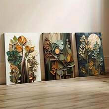 3 件波西米亚风大地色木质植物印花 - 帆布墙面艺术，防水海报，适合居家和宿舍装饰，非常适合卧室和客厅，卧室墙面艺术波西米亚风别致装饰皱纹纹理 - 彩色 - 查看 4