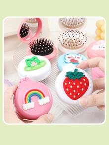 2件（款式随机）可爱卡通迷你折叠气垫梳带镜子，便携