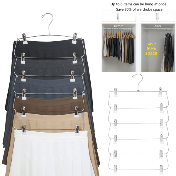 1 Stück 6-stufiger Rockaufhänger mit Clips aus Metall, platzsparende Mehrfach-Kleiderbügel für Hosen, mit Clip zum Aufhängen mehrerer Hosen, Metallbügel mit Clips, rutschfeste, platzsparende Hosenbügel mit verstellbaren Clips und Drehgelenkhaken