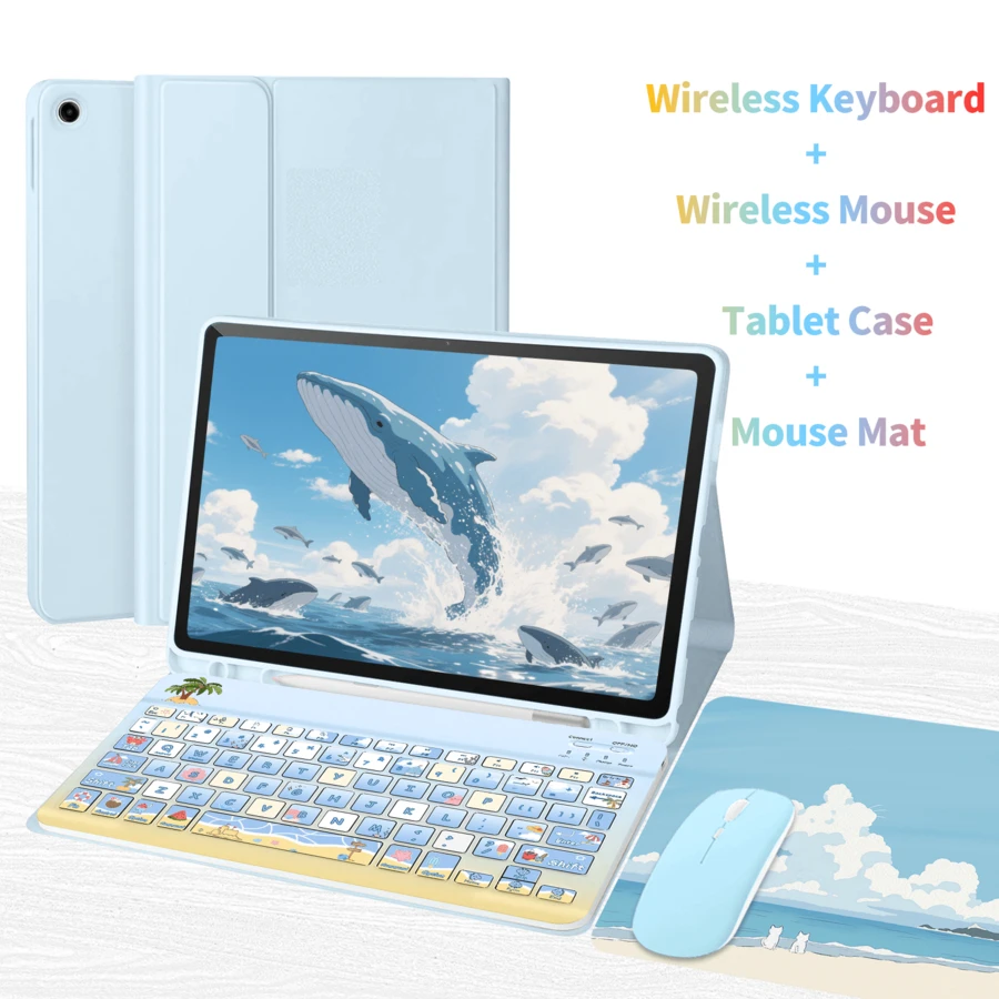 四合一键盘保护套,兼容三星 Galaxy Tab 和 iPad、Redm iPad SE,包含可拆卸无线蓝牙键盘(150mAh)和鼠标,平板电脑保护套带笔槽(夏日沙滩) - 天藍色 - 查看 1