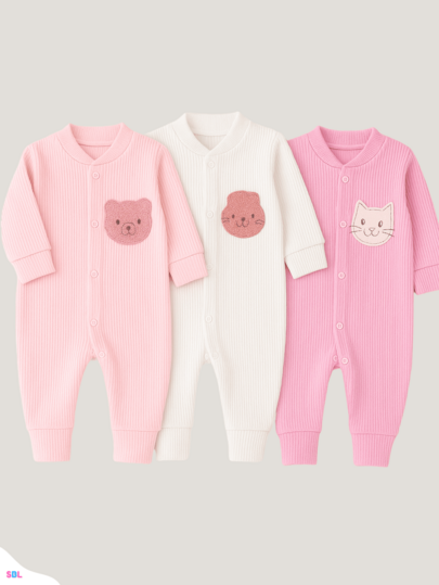 Kit 3 Menina Macacão de Bebe Canelado Bordado Vira pé 0 a 9 Meses Enxoval Recém-nascido