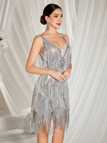 Deep V Sequins Bodycon Halter Neck Evening Dress