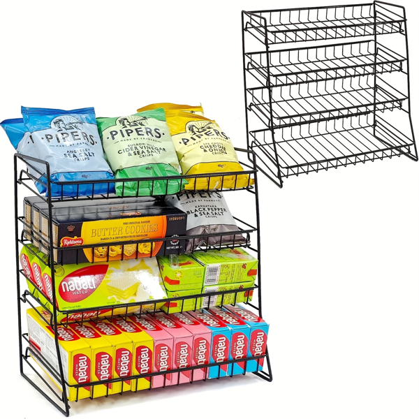 1 paquet Organiseur métallique 4 niveaux, 40*22*16CM Étagère de rangement en grille - Économiseur d'espace de comptoir pour la cuisine, le garde-manger, présentoir de supermarché pour collations, étagère de rangement pour bonbons, présentoir à collations (Assemblage facile multifonction)