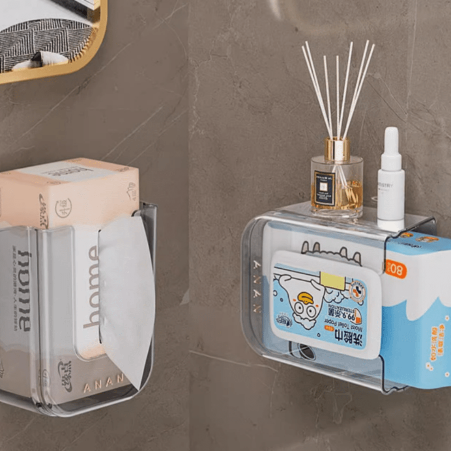 Caja de pañuelos cuadrada de plástico autoadhesiva - Caja de almacenamiento para baño montada en la pared sin necesidad de taladrar, gran capacidad para pañuelos faciales y toallitas húmedas, diseño moderno transparente para uso doméstico y comercial