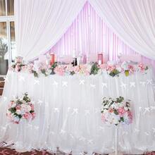 Bow Faux Pearl Table Runner White Faux Pearl Tulle Tablecloth Satin Bow Chiffon Tulle Faux Pearl Lace Sheer Table Cloth For Wedding Arch Bridal Shower Dessert Table Decorations