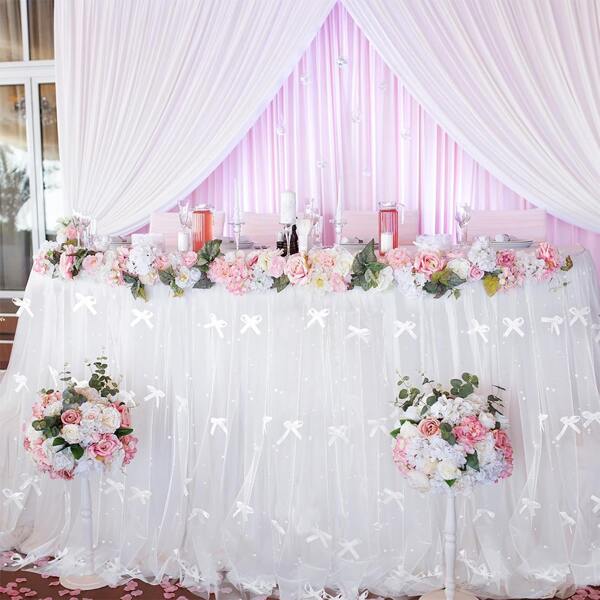 Bow Faux Pearl Table Runner White Faux Pearl Tulle Tablecloth Satin Bow Chiffon Tulle Faux Pearl Lace Sheer Table Cloth For Wedding Arch Bridal Shower Dessert Table Decorations