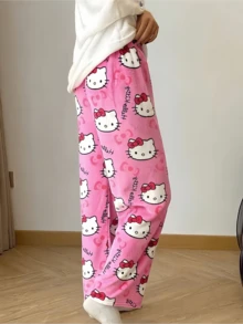 Sanrio Pantalones de pijama de felpa con estampado de Hello Kitty de Sanrio para mujer, pantalones de estar por casa versátiles y dulces de color fucsia, con un estampado de dibujos animados lindos y una sensación suave y amigable con la piel, adecuados para todas las ocasiones, regalo esencial para parejas, mejores amigos, cumpleaños, vacaciones, otoño e invierno