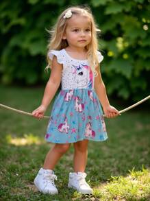 Girls' Fashion Cap Sleeve Dress, Unicorn Print Patchwork Dress, Cute Princess Dress For Girls, Summer