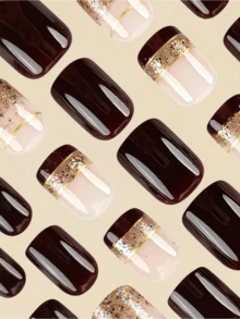 24PCS Glitter French Tip Press On Nails - Gold & Brown Acrylic Fake Nails With Rhinestones, Elegant Glamorous Nails For Women, Party & Special Occasion False Nails, Easy To Apply & Long Lasting - màu đen - Xem 3