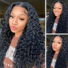 Easter Gifts Mother's Day Gifts Deep Wave Lace Front Wig 4x4 HD Lace Close Wig For  With A Hair Density Of 150%, Loose Fluffy 24in Glue-Free Deep Roll Wet And Wavy Wig Pre-Drawn Bleached Black