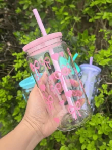 17oz Przezroczysta Butelka Na Wodę PC Ze Słomką, Nadaje Się Do Podróży Na Zewnątrz, Filiżanka Do Kawy, Uroczy Wzór Kokardy, Prezent Dla Niej, Urodziny