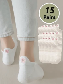 3/5/6/10/15/20 Pairs Women's White Summer New Mesh Sakura Embroidery Ultra-Thin College Style Boat Socks, Non-Slip Heel, JK Socks - White - View 11