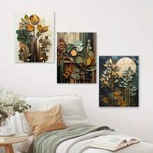 3 件波西米亚风大地色木质植物印花 - 帆布墙面艺术，防水海报，适合居家和宿舍装饰，非常适合卧室和客厅，卧室墙面艺术波西米亚风别致装饰皱纹纹理 - 彩色 - 查看 5