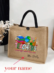 Bolso de mano de lino con estampado de palabras "Teacher", bolígrafos, libros, patrones de flores, patrones de anime de dibujos animados, estampado de letras, estampado de leopardo, bolso grande, bolsa de compras caqui, monedero, regalo de aprecio al maestro