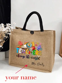 Bolso de mano de lino con estampado de palabras "Teacher", bolígrafos, libros, patrones de flores, patrones de anime de dibujos animados, estampado de letras, estampado de leopardo, bolso grande, bolsa de compras caqui, monedero, regalo de aprecio al maestro
